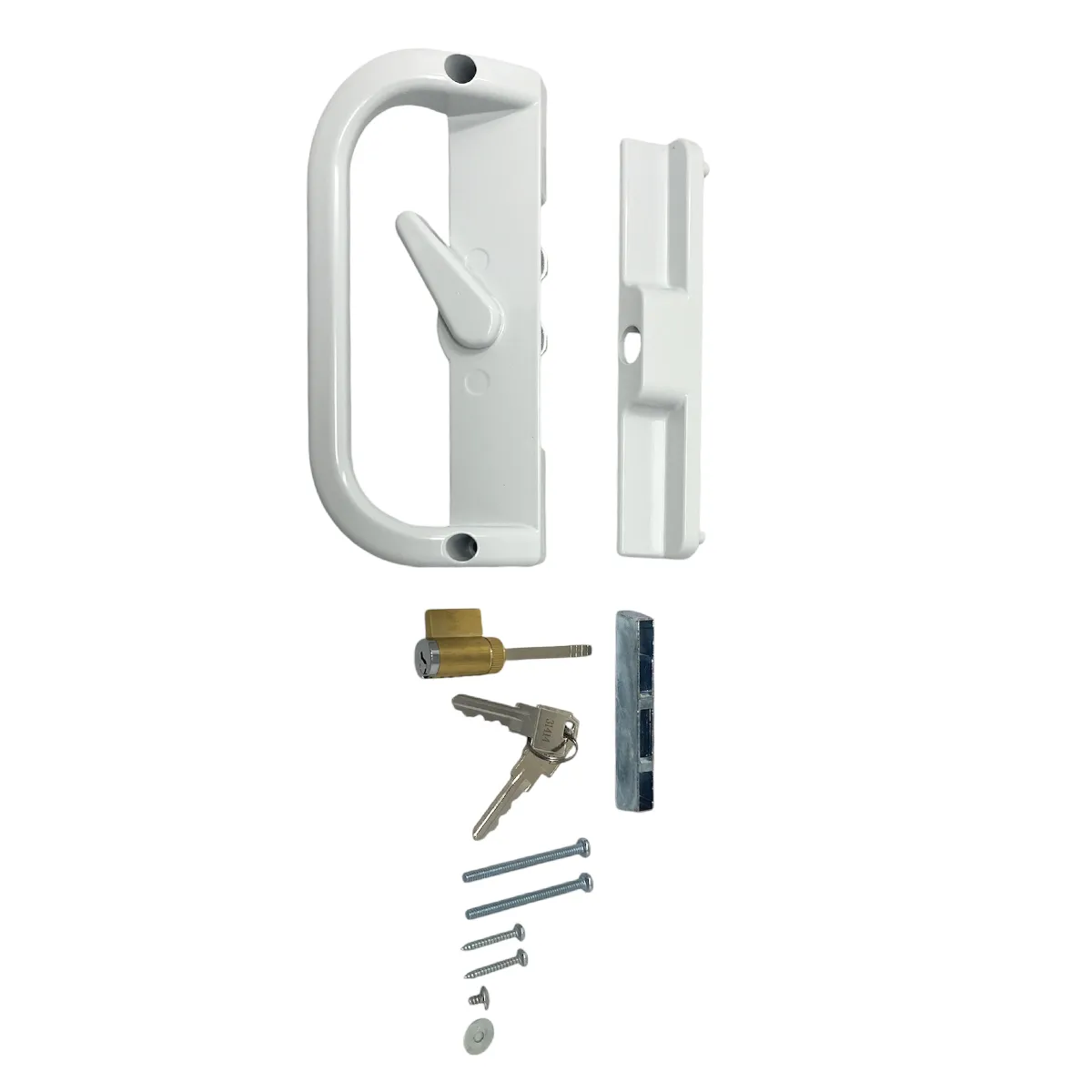 Sliding Patio Door Handle Set White with Lock and Key (6-9/16 Hole to Hole)