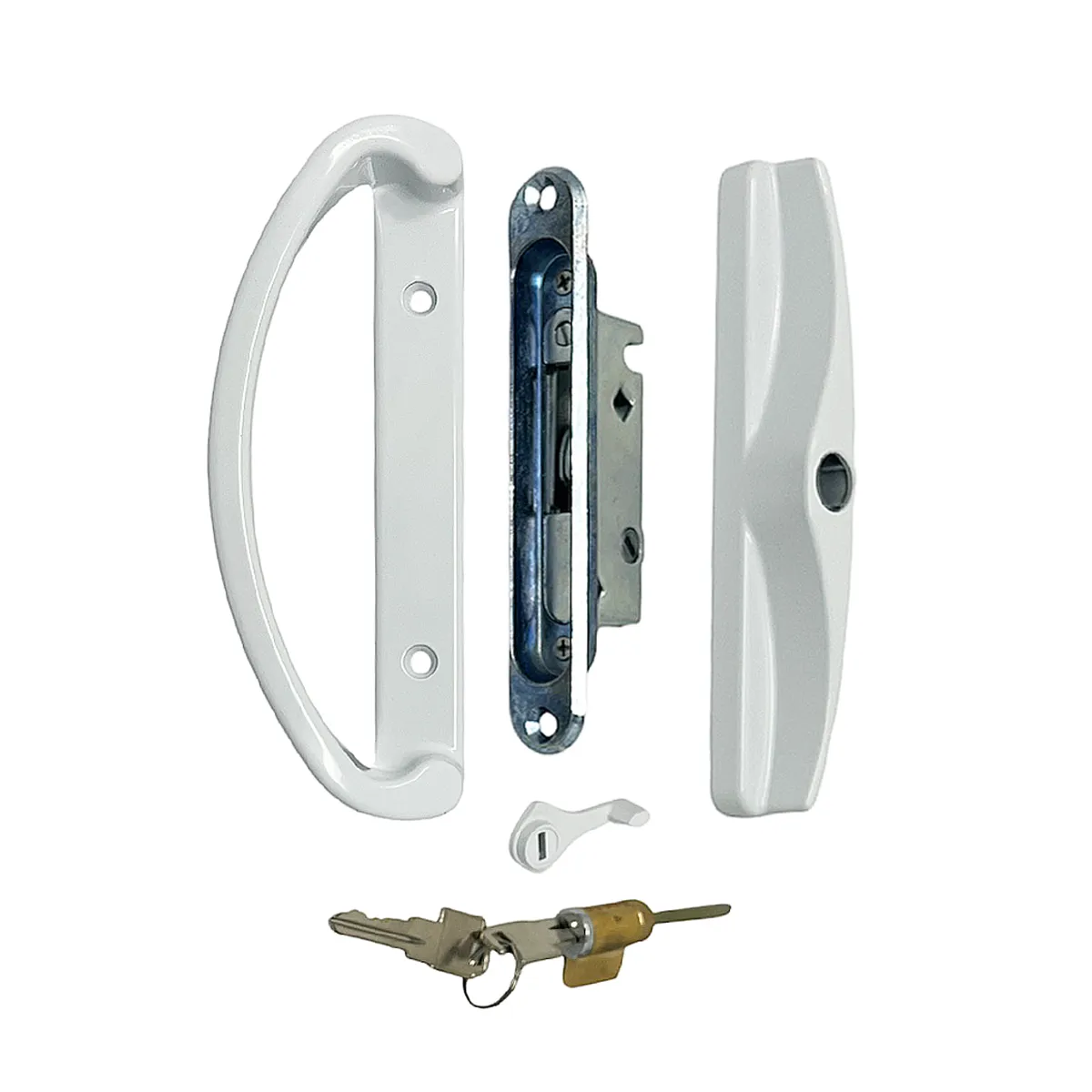 Sliding Patio Door Handle Set White With Mortise Lock and Regular Lock (3-15/16" Hole to Hole)