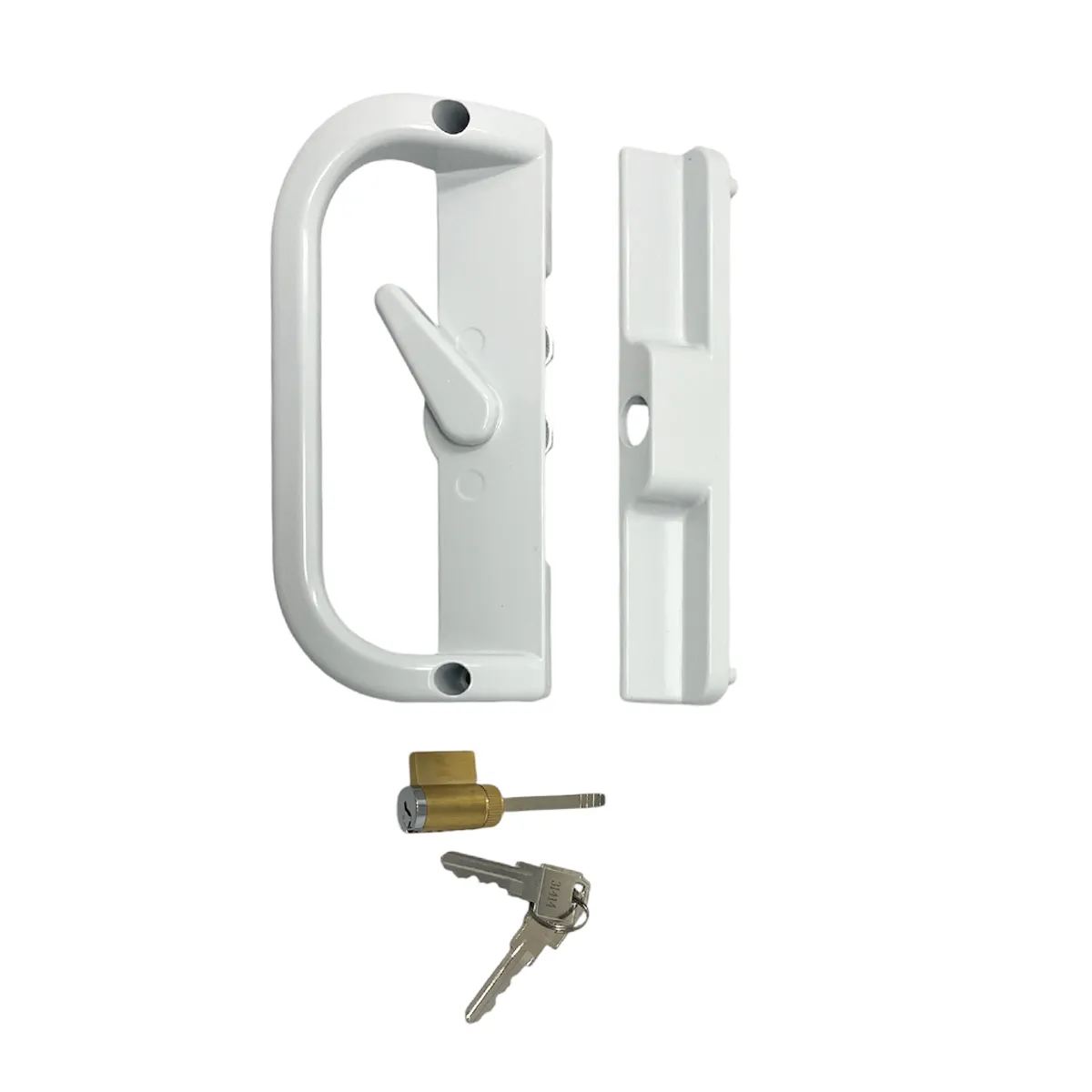 Sliding Patio Door Handle Set White with Lock and Key (6-9/16 Hole to Hole)