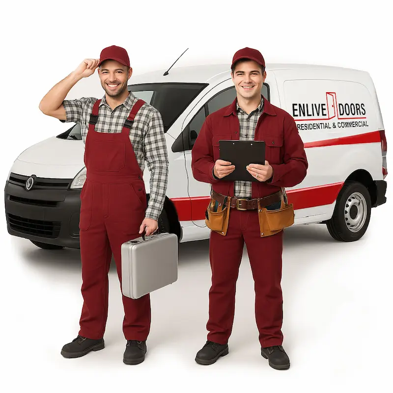 he professional door repair team from Enlive Doors in Toronto, smiling and ready to work in their company uniforms.
